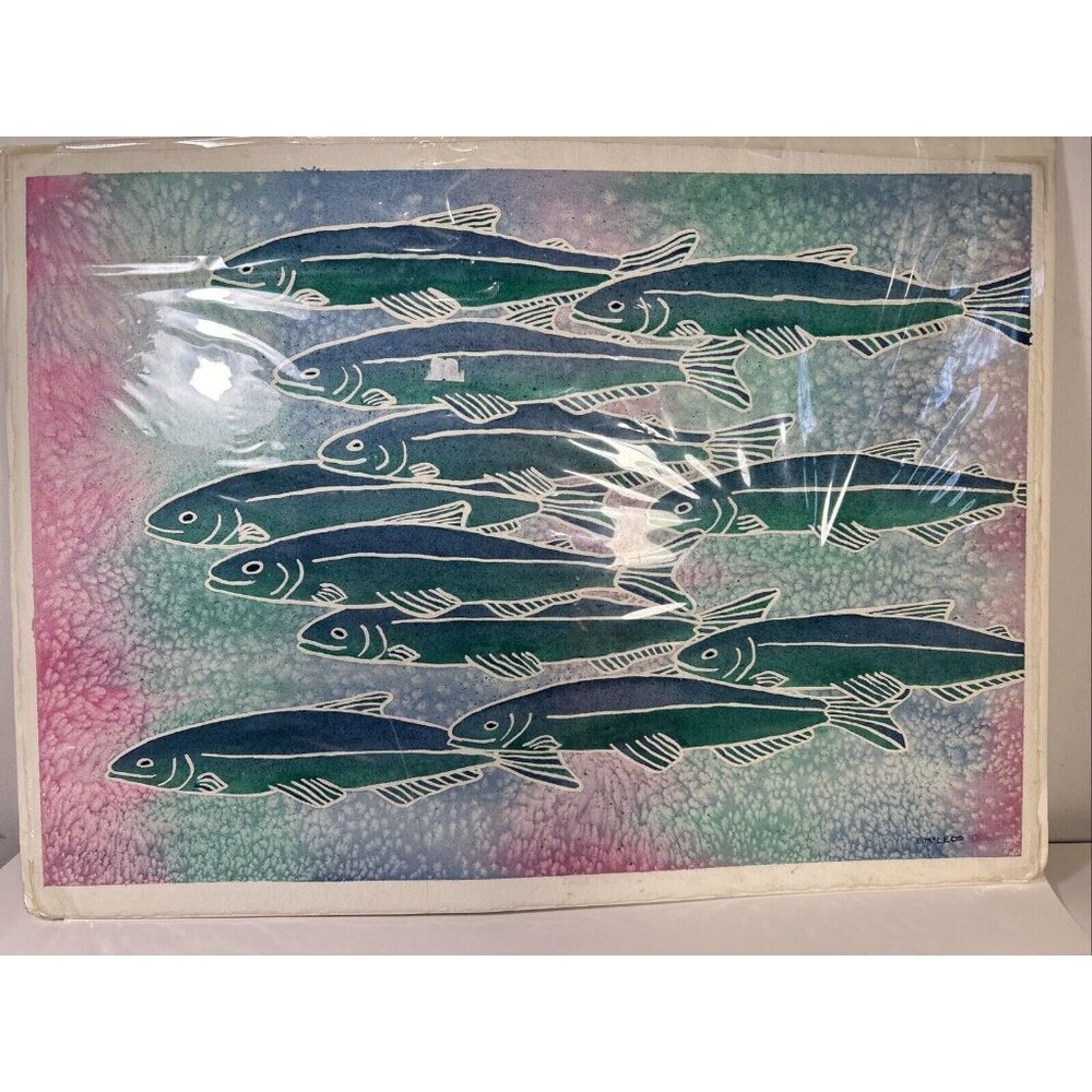 Beautiful Blue Pink Teal Original Watercolour Painting Of School Of Fish Fry